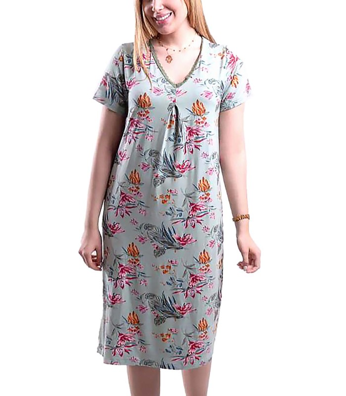 پیراهن زنانه EVLI سبز طرح گل مرداب یقه گیپور 1177