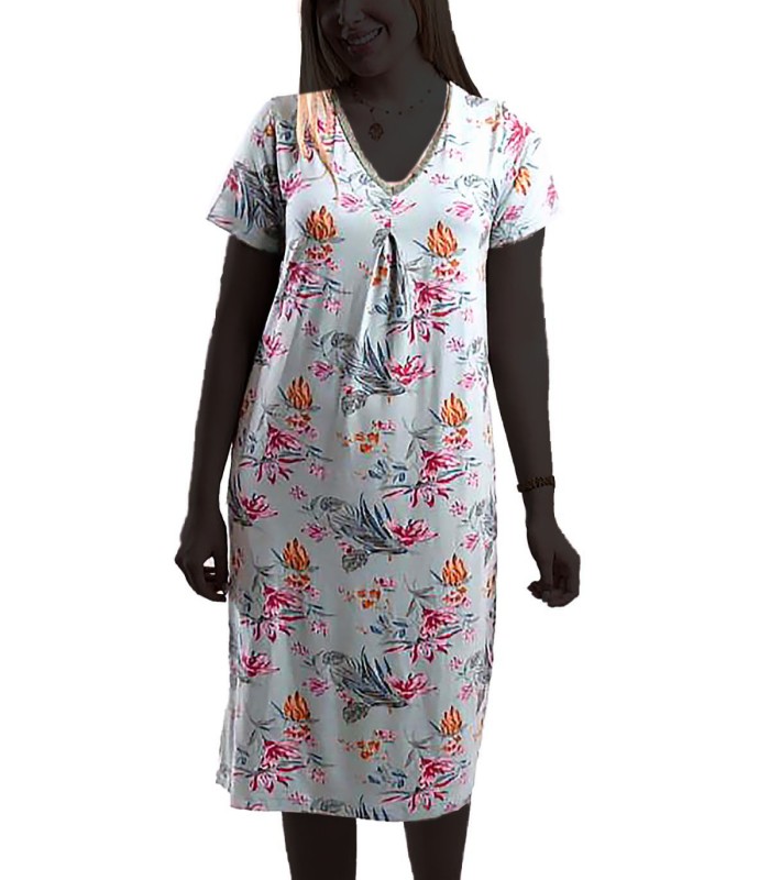 پیراهن زنانه EVLI سبز طرح گل مرداب یقه گیپور 1177